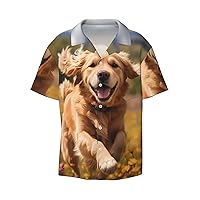 Golden Retriever in Flowers Men's Summer Short-Sleeved Shirts, Casual Shirts, Loose Fit with Pockets