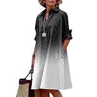 Womens Linen Long Sleeve Simple Printed Button Down Shirt Dress Plus Size Loose Shirt Dresses for Women with 2 Pockets