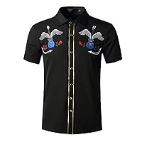 Men's Western Cowboy Shirt Hipster Guitars Embroidery Short Sleeve Button Down Dress Shirt Casual Hawaiian Shirts