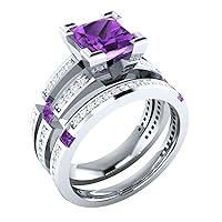 2.50 CT Princess Cut Prong Set Purple Amethyst and VVS1 Diamond Engagement Wedding Bridal Ring Set Sizable Real 925 Sterling Silver