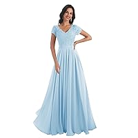 Women's V Neck Long Mother of The Bride Dresses for Wedding Lace Chiffon Evening Gown with Pockets