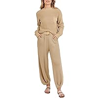 MEROKEETY Women's 2 Piece Outfits Sweater Set Long Sleeve Knit Pullover High Waist Pants Lounge Sets