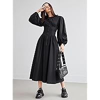 Dresses for Women Zip Front Lantern Sleeve Solid Dress (Color : Black, Size : Small)