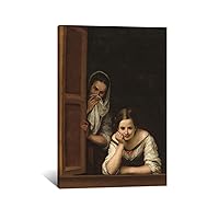 JDNWKBBS Funny Bathroom Canvas Wall Art Two Women at a Window Aesthetics Posters Vintage Toilet Pictures Prints Rustic Antique Farmhouse Wall Decor for Bathroom Restroom 16x24in Frame