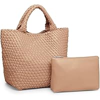 MECOLOR Womens Vegan Leather Woven Bag with Purse, Handmade Beach Tote Bag Top-handle Handbags