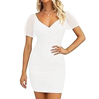 ZESICA Women's 2024 Summer Ruched Bodycon Mini Dress Sexy V Neck Cocktail Wedding Party Short Dresses