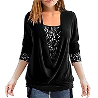 Sequin Plus Size Tops for Women Long Sleeve V Neck Blouse Dressy Casual Evening Party Shirts Solid Tunic Tops