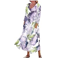 Vacation Dresses for Women Soft 3/4 Sleeve Floaty Popular Loose Linen Comfort Flower Print Women Dresses