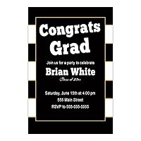 30 Invitations Graduation Party Black Gold Stripes Personalized Cards + 30 White Envelopes