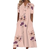 Womens Summer Dress Casual Floral Print Midi Dress Button V Neck Short Sleeve Dresses Flowy Boho Beach Party Sundress