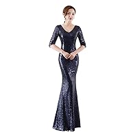 Women's Sequins Long Formal Evening Dress V Neck Half Sleeves Mermaid Prom Gown Homecoming Party Cocktail Dresses