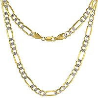Solid 14k 2-tone Gold Pave Diamond cut 5.5mm Figaro Chain Necklaces & Bracelets for Men and Women Lobster Clasp 8-30 inch