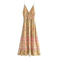 Boho Lotus Printed Long Dress Sleeveless Strap Less Rayon Cotton V Neck Lace Up Ruffles Holiday Beach Dresses Woman