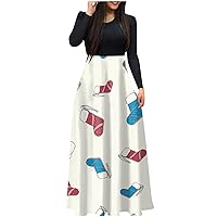 Holiday Dresses for Women Christmas Women's Casual Tree Print Round Neck Long Sleeve Oversized Dress