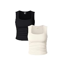 OQQ Womens 2 Piece Crop Tops Rueched Sleeveless Square Neck Stretch Basic Tank Shirts