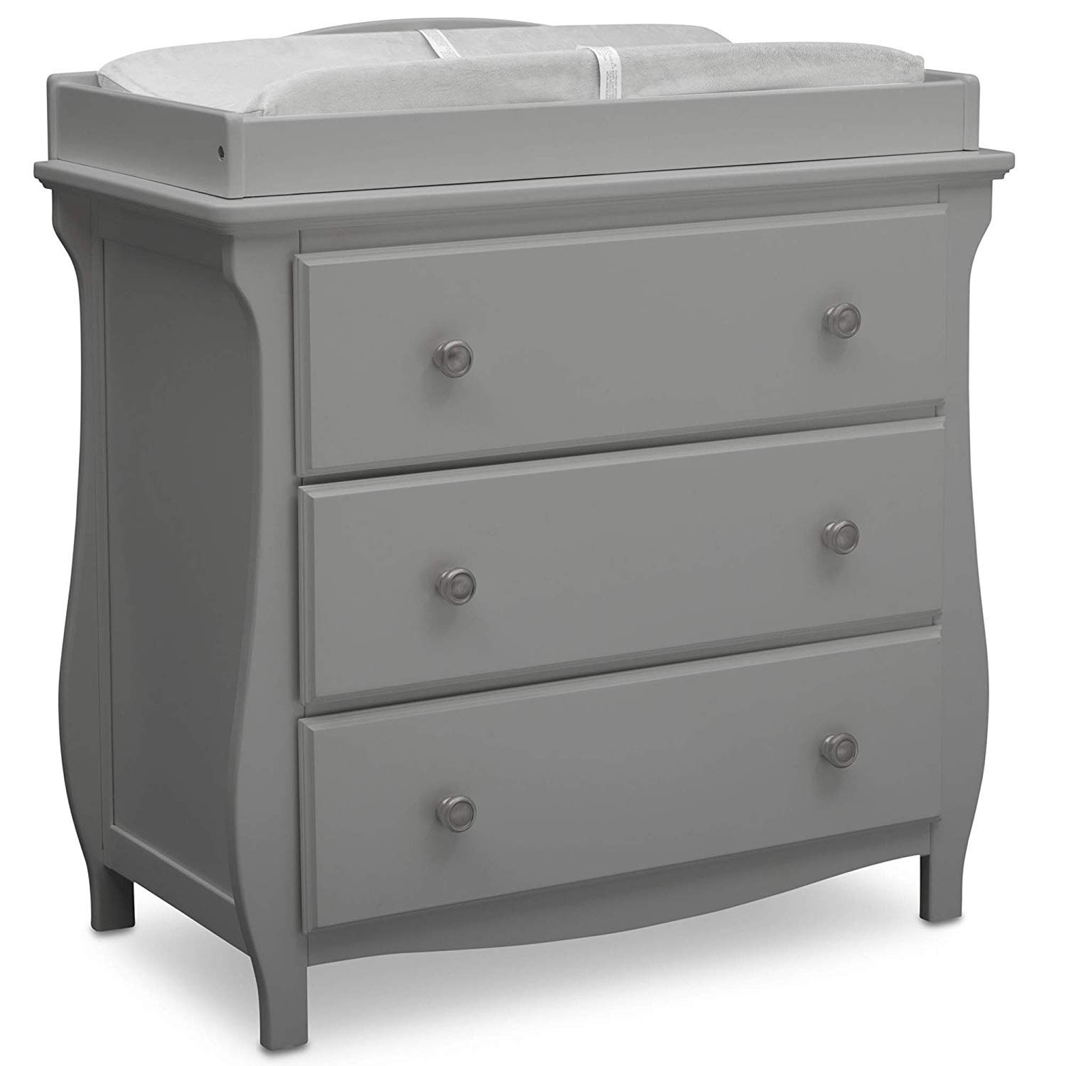 Delta Children Lancaster 3 Drawer Dresser with Changing Top, Grey and Contoured Changing Pad, White