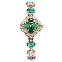 Women Watch Analog Clover Green Dial Wrist Watch for Ladies Luxury Diamond Stone Rose Gold Brass Strap Dress Watch Girl Jewelry Bracelet