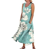 Womens Sleeveless Dresses Vintage Dress for Women Fashion Print Casual Loose Flowy Beach Dresses Sleeveless U Neck Linen Dress with Pockets White Medium