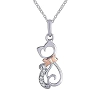 Pretty Jewels Two Tone Plated 925 Sterling Silver and Diamond Cat Pendant Necklace (0.04cttw, I-J Color, I1-2 Clarity)