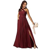 Burgundy Plus Size Bridesmaid Dress with Pockets Chiffon Halter Evening Dress for Wedding Size 18W