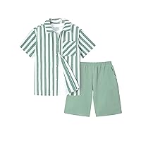 OYOANGLE Boy's 2 Piece Outfits Tracksuit Short Sleeve Striped Button Down Blouse Shirt Top and Shorts