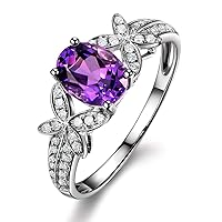 Women's Natural Fashion Purple Amethyst Gemstone Engagement Wedding White Gold 14K Diamond Bands Ring Set