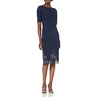 JS Collections Women's Stretch Crepe Boat Neck Elbow Sleeve Cocktail with Novelty Laser Cut Beaded Hem
