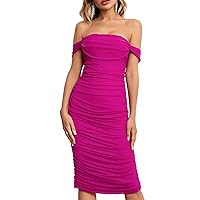NeeMee Women Sexy Summer Off Shoulder Bodycon Dress Ruched Elegant Cocktail Basic Midi Dress for Party