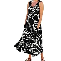 Linen Dress for Women Summer Sleeveless Vacation Sundresses Casual Loose Baggy Plain Maxi Beach Dresses with Pockets