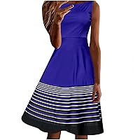 Women Fashion O-Neck Sleeveless Strap Printing Loose Casual Mid-Calf Long Dress(A)