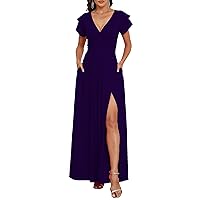 Women's V Neck Wedding Guest Dresses Short Sleeve Slit Cocktail Prom Party Flowy Maxi Sundress with Pockets