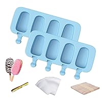 Popsicle Molds for Kids, 2 Pcs Silicone Cake Pop Mold 4 Cavities Homemade Ice Pop Molds Oval with 50 Wooden Sticks & 50 Parcel Bags & 50 Sealing Lines for DIY Ice Cream - Blue