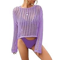 KEOMUD Women Crochet Knit See Through Tops Cover Up Fashion Long Sleeve Crew Neck Short Top