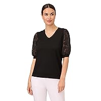 Adrianna Papell Women's 3/4 Floral Burnout Sleeve V-Neck Sweater