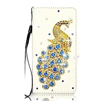 Crystal Wallet Phone Case Compatible with iPhone 15 Pro Max - Peacock - Blue - 3D Handmade Sparkly Glitter Bling Leather Cover with Screen Protector & Beaded Phone Lanyard