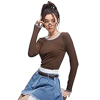 Womens Summer Tops Sexy Casual T Shirts for Women Letter Graphic Contrast Binding Tee (Color : Coffee Brown, Size : X-Large)
