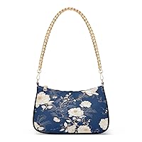 Shoulder Bags for Women White Flowers on Navy Blue Hobo Tote Handbag Small Clutch Purse with Zipper Closure