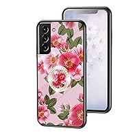 for Samsung Galaxy S23 S22 S21 S20 Ultra Plus FE Glossy Slim Bumper, Exquisite Flowers Tempered Glass Phone case with Bling Rhinestones Finger Ring Holder for Women Girls(Red,S22 Plus)
