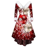 Women's Christmas Outfits Fashion V-Neck Casual Fit Print Party Long Sleeve Dress Plus Size