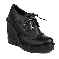 Womens Wedge High Heel Oxfords Wingtip Perforated Leather Lace-up Fashion Platform Dress Brogue Shoes