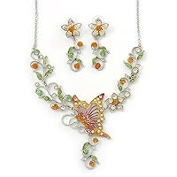 Green, Citrine & Topaz Coloured Austrian Crystal 'Butterfly' Necklace & Drop Earring Set In Rhodium Plating - 40cm Length/ 6cm Extension