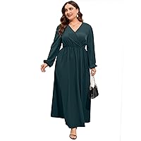 KOJOOIN Women Plus Size Wrap Maxi Dress Long Lantern Sleeves Empire Waist Split A Line Casual Dresses VC Solid Dark Green 4XL