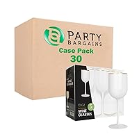 PARTY BARGAINS 12oz Shatterproof Wine Glasses - White Gold Rim, 30 Count, Elegant Plastic Wine Goblet for Pool Parties, Outdoors Receptions, and Weddings