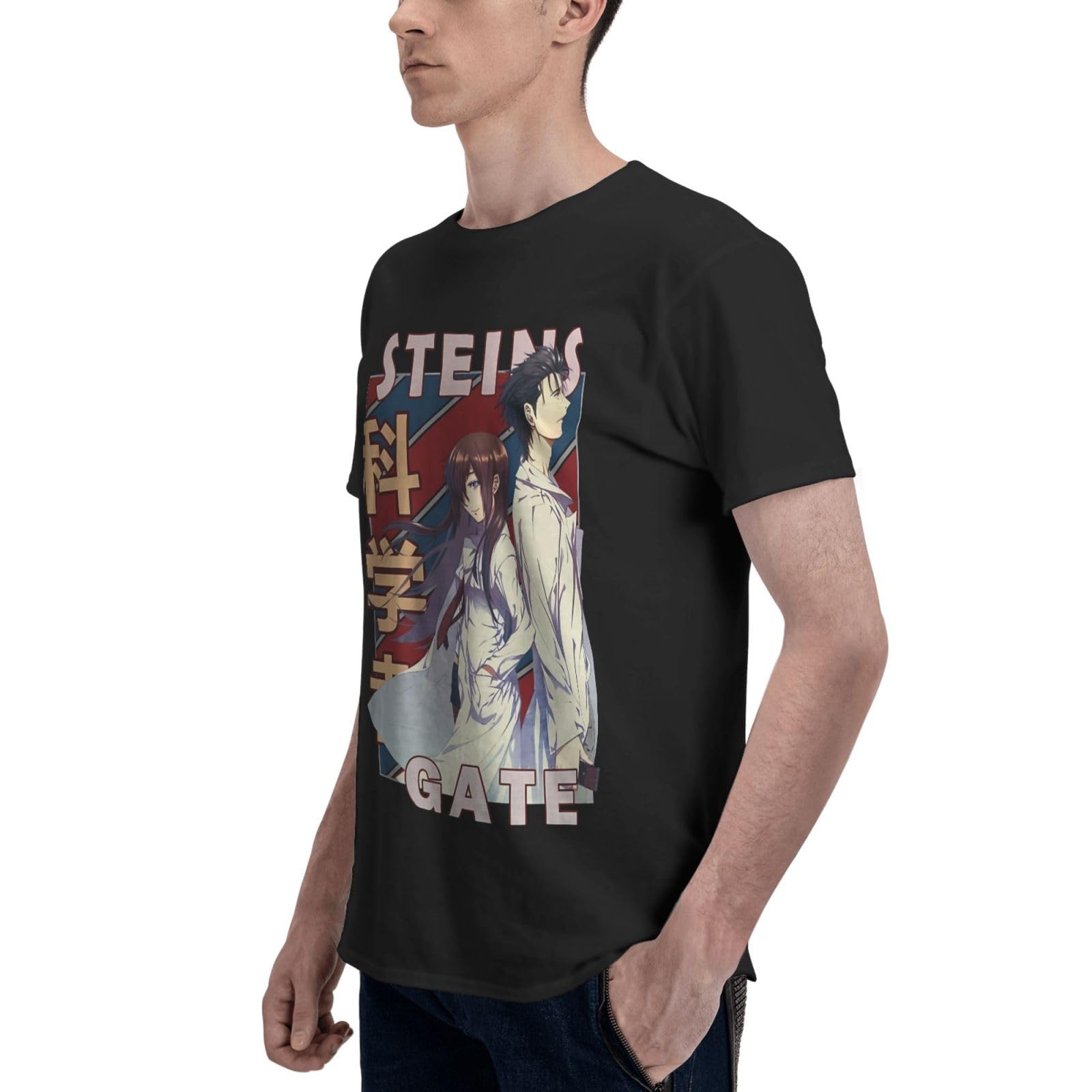 Anime Steins Gate T Shirt Man's Summer Round Neck Tops Casual Short Sleeves Tee Black