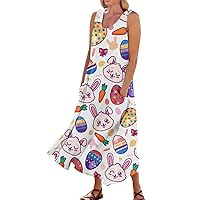 Easter Dress Women Linen Summer Sleeveless Crewneck Loose Casual Easter Eggs Rabbit Plus Size Maxi Dress with Pockets