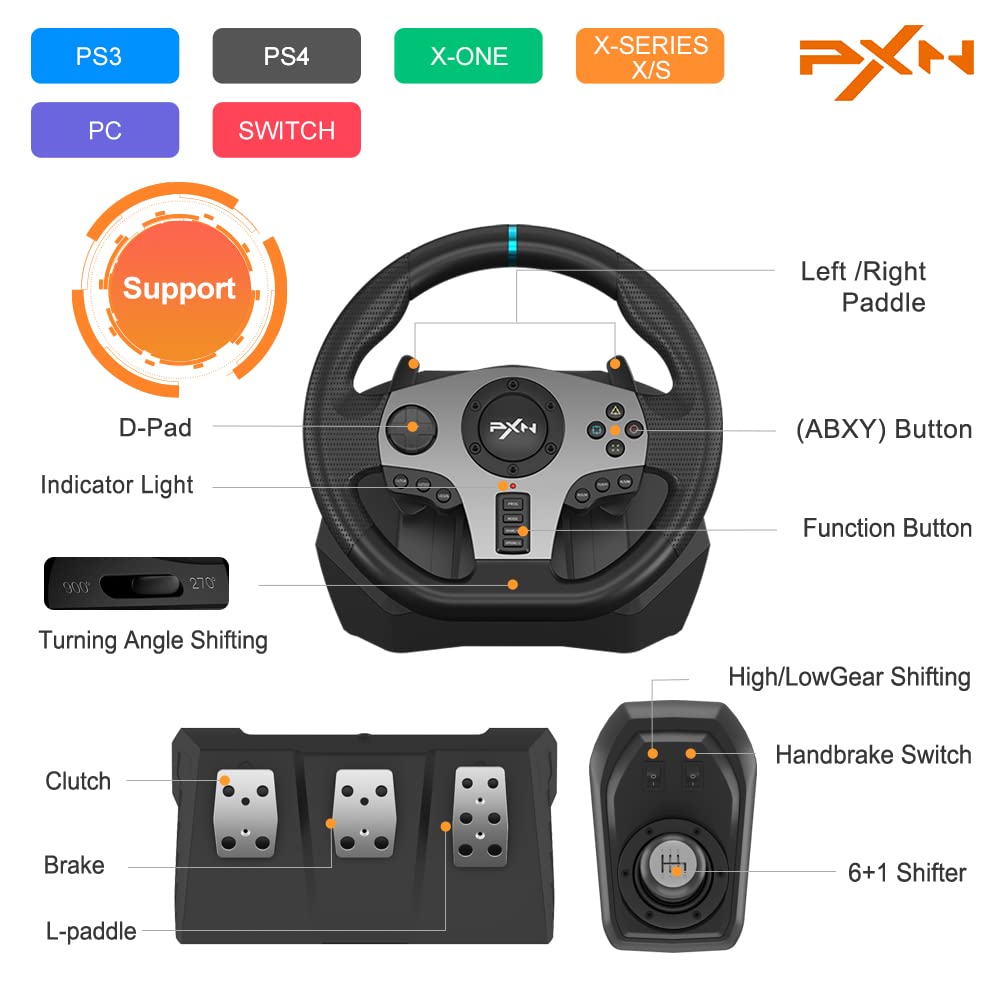 PXN Xbox Steering Wheel for PC V9 Gaming Steering Wheel 270/900 Degree Racing Wheel with Pedals and Shifter for PS4, PS3, Xbox One, Xbox Series X|S, Switch