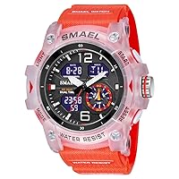 KXAITO Men's Analog Sports Watch Military Watch Outdoor LED Stopwatch Digital Electronic Large Dual Display Waterproof Tactical Army Wrist Watches for Men 8007 (Large, Translucent Red)