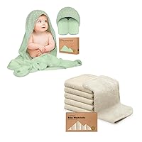 Baby Hooded Towel and 6-Pack Organic Baby Washcloths - Viscose from Bamboo Baby Towel, Soft Bamboo Viscose Washcloth, Infant Towels, Baby Wash Cloths