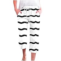 Women's Striped Capri Pants Summer Casual Drawstring Waisted Crop Pant Fashion Loose Fit Beach Trouser with Pockets