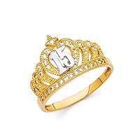 14k Yellow Gold Crown 15 Quinceanera Ring Princess Quince Band CZ Tiara Stylish Polished Size 8.5